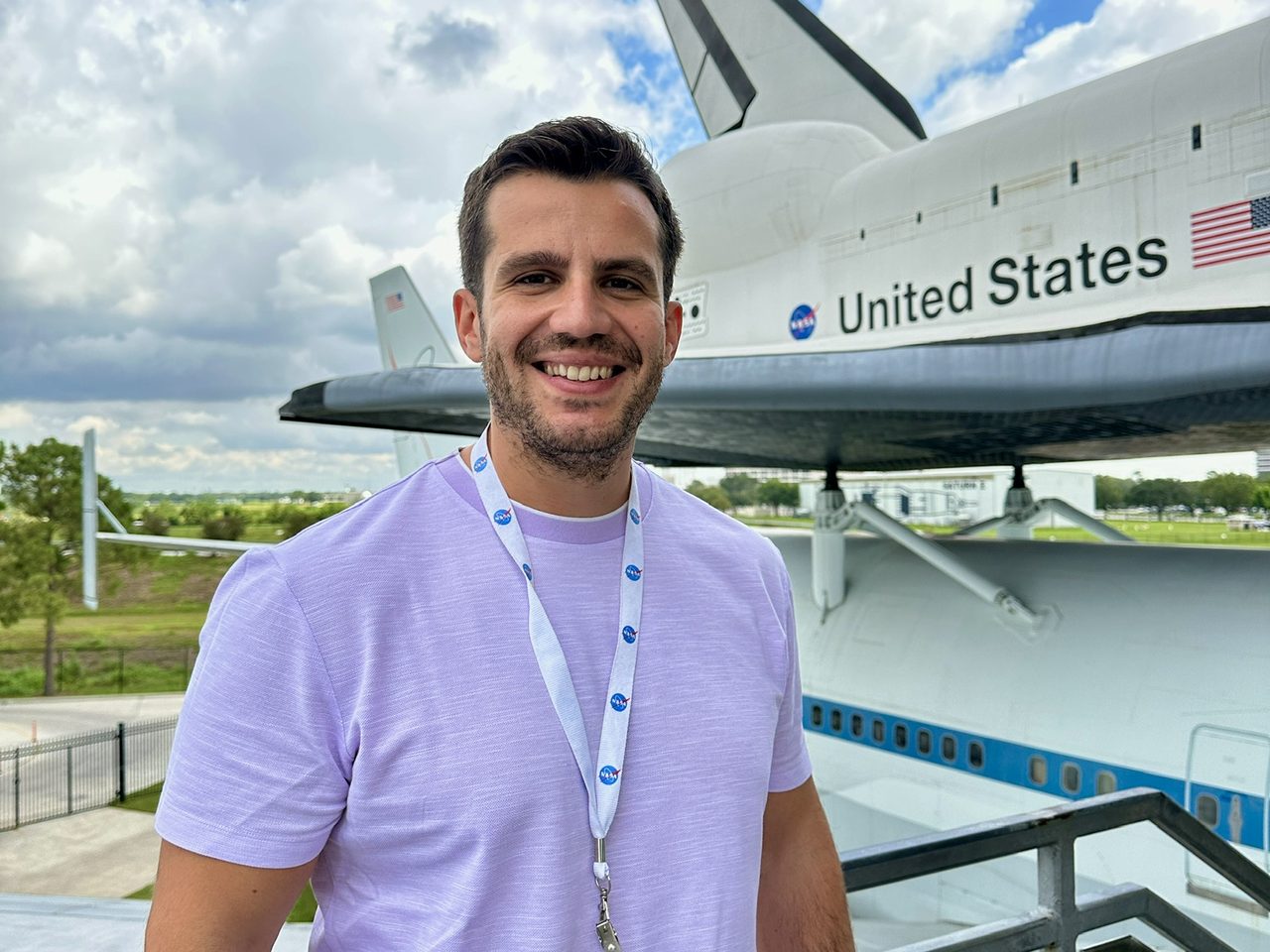 Michail Arvanitidis in front of the Shuttle Carrier Aircraft at Space Center Houston